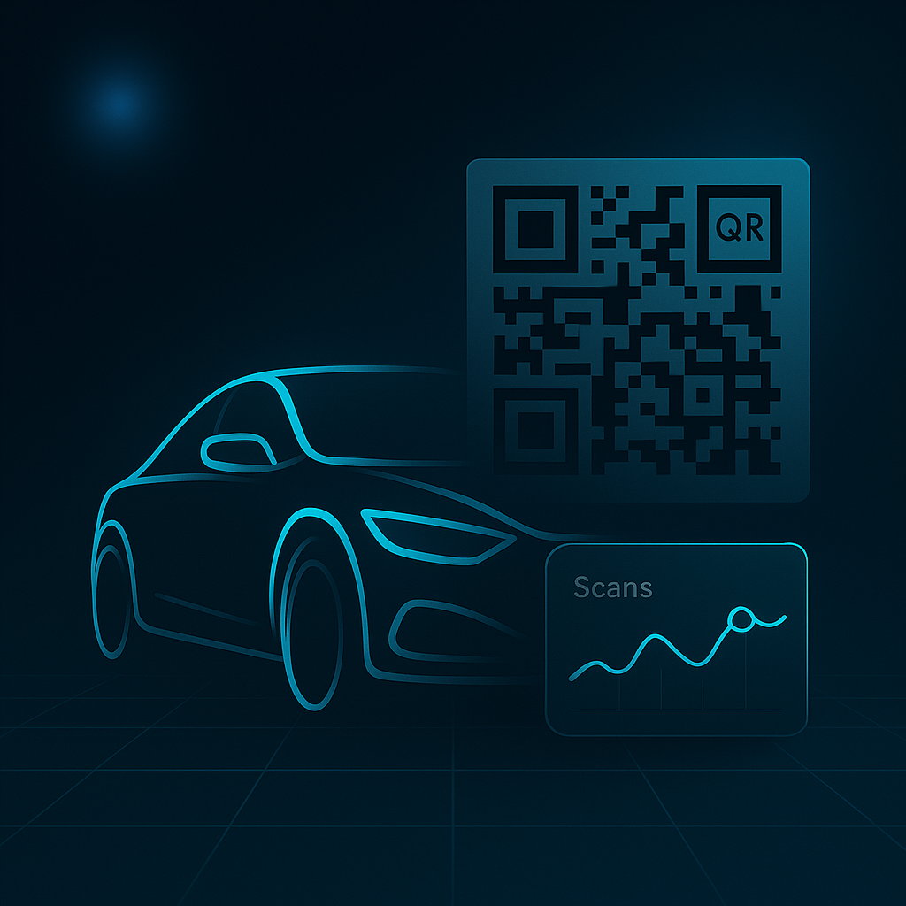 Windshield graphics and QR analytics on a dealership lot